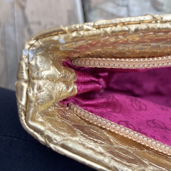 Guess Snake Skin inspired Gold Clutch, Bright Pink interior Disco Retro vibes - Picture 8 of 8